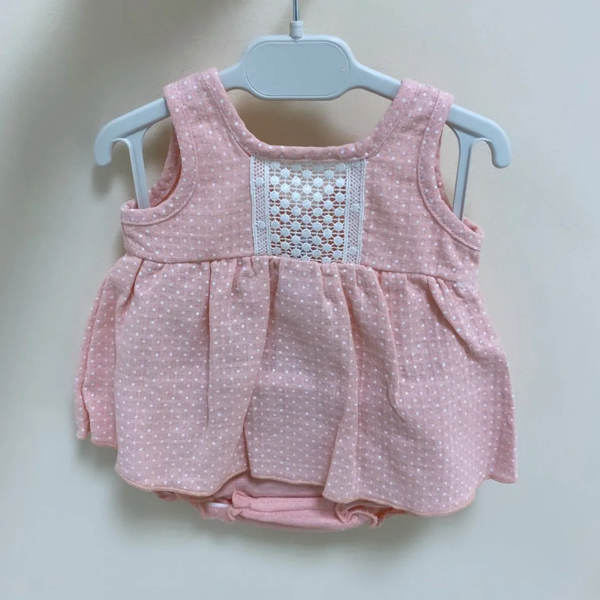 Peach Pink & White Dotty Crochet Top & Bloomers Set