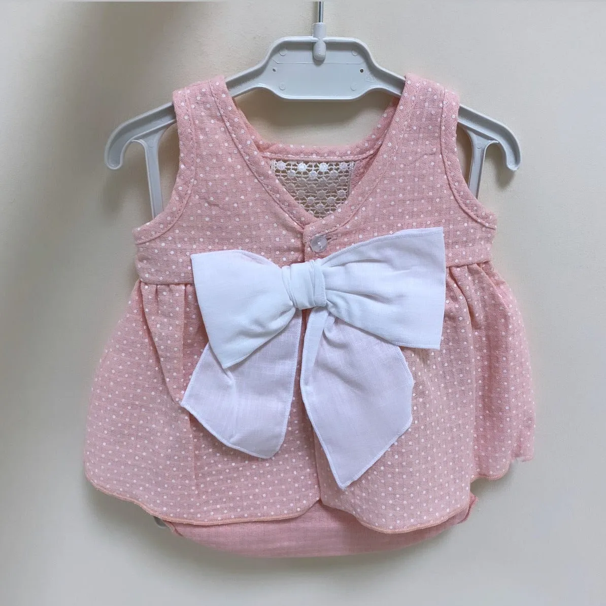 Peach Pink & White Dotty Crochet Top & Bloomers Set