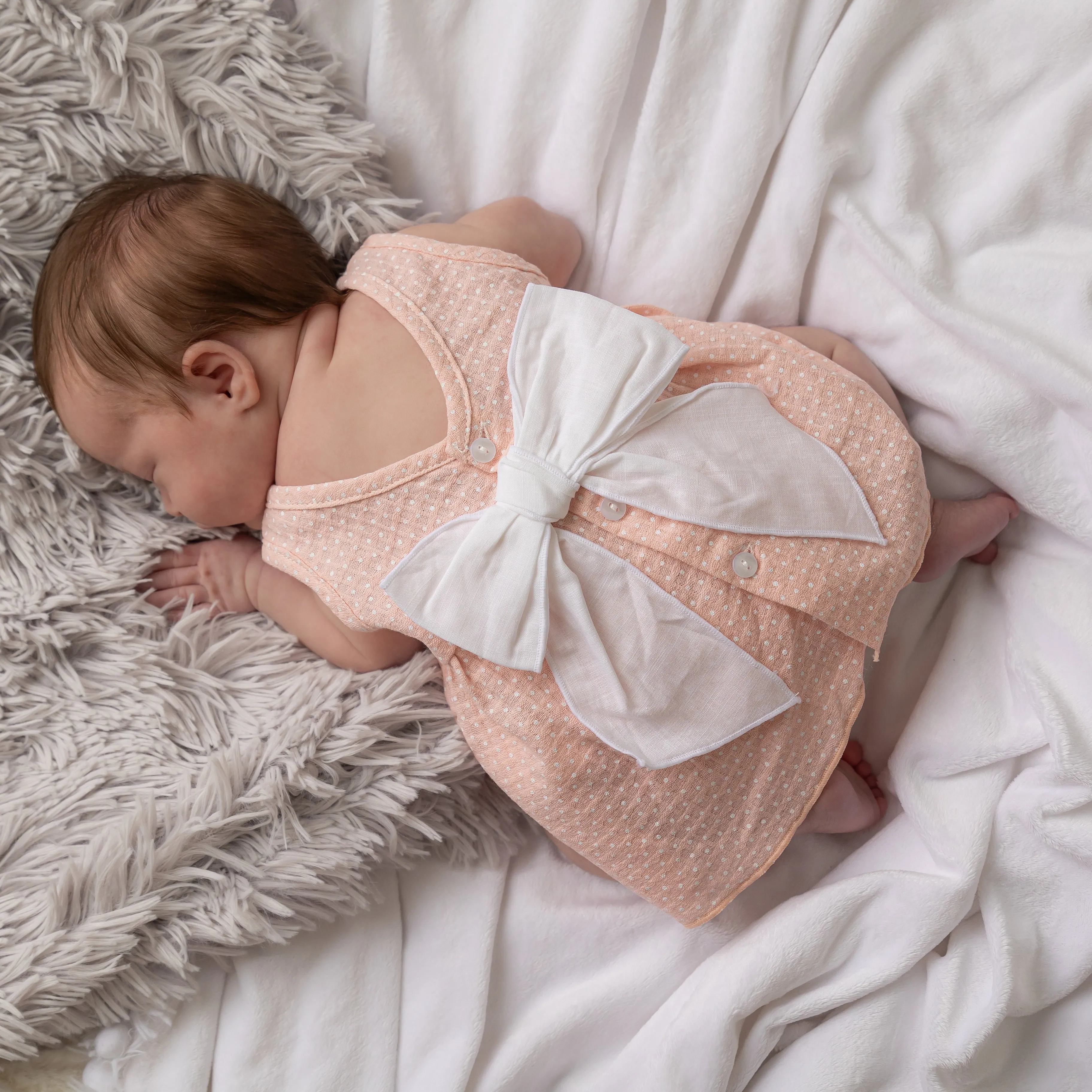 Peach Pink & White Dotty Crochet Top & Bloomers Set
