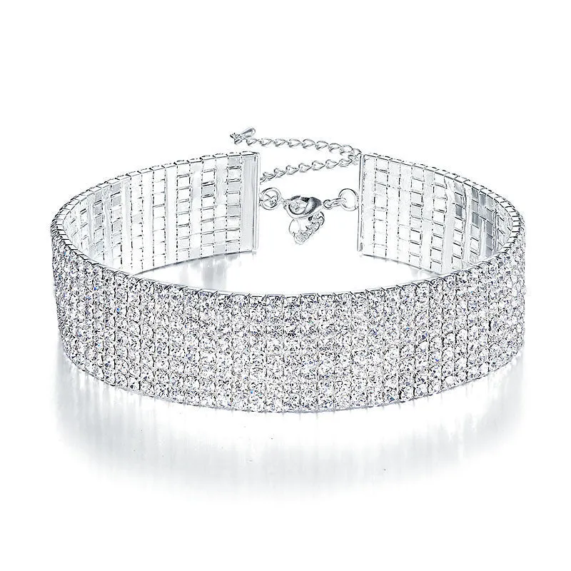 Peacock Star Trendy Wedding Party Prom Choker Necklace 8 Row Stretch Crystal Rhinestone w/ Elastic Cord Pageant CC018