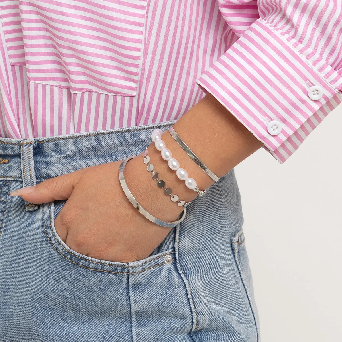 Pearl & Silver-Plated Herringbone Chain Bracelet Set