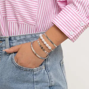 Pearl & Silver-Plated Herringbone Chain Bracelet Set