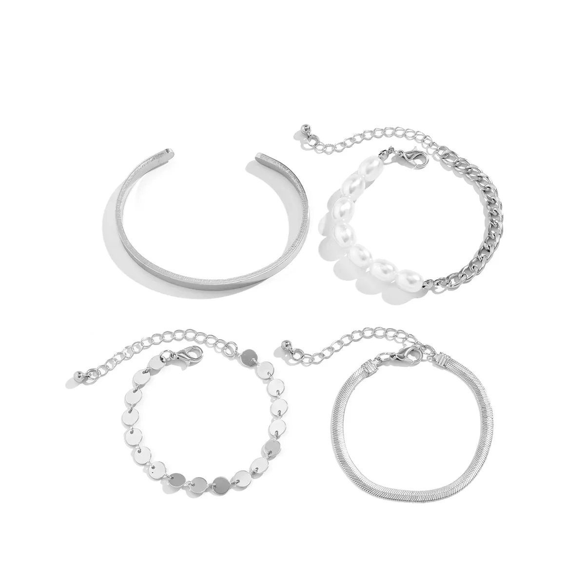 Pearl & Silver-Plated Herringbone Chain Bracelet Set