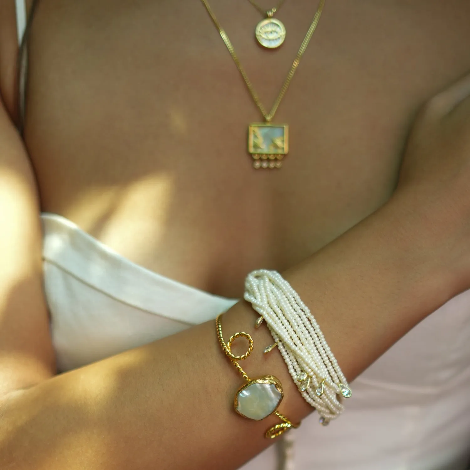 Pearl Stone Gold Twisted Cleopatra Cuff Bracelet