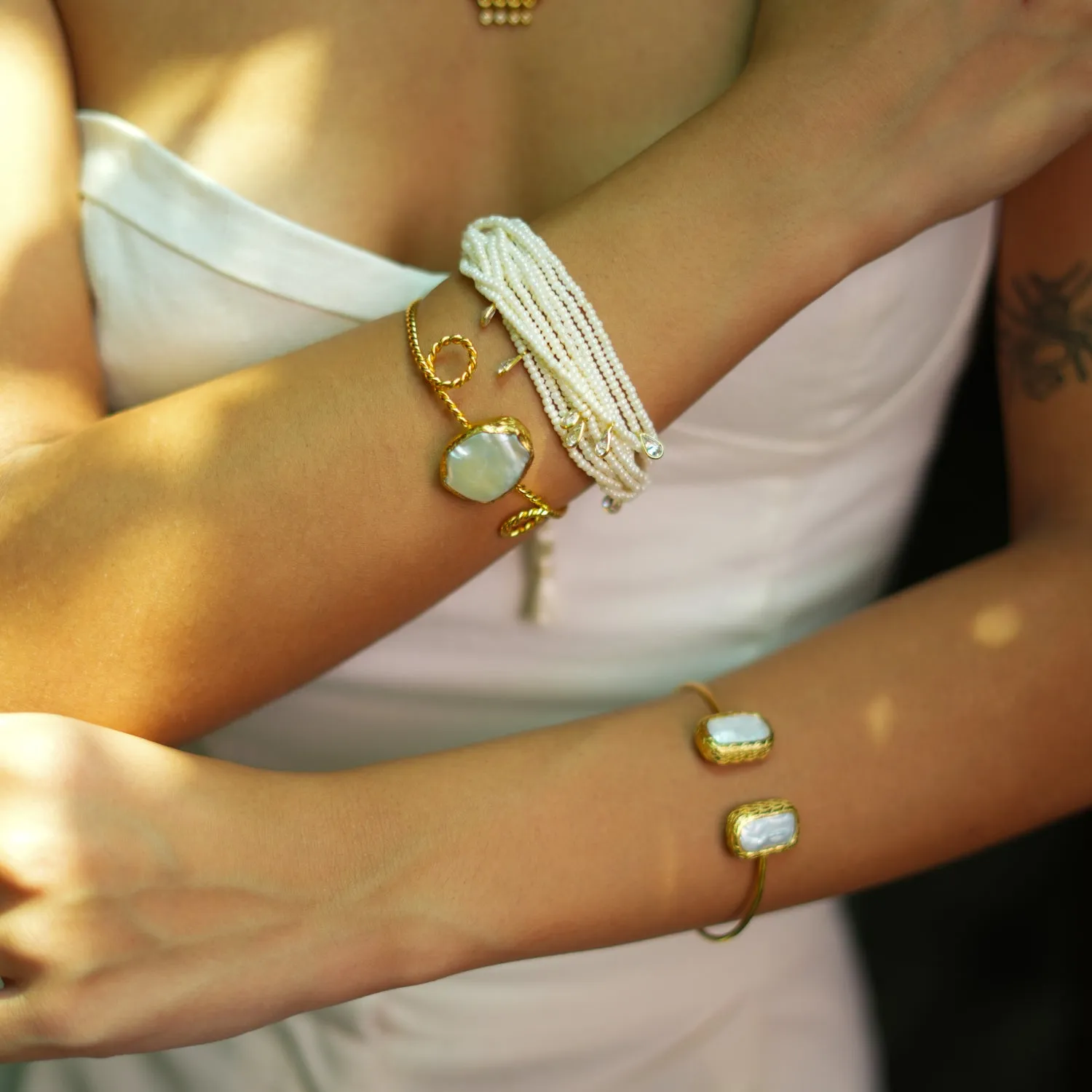 Pearl Stone Gold Twisted Cleopatra Cuff Bracelet