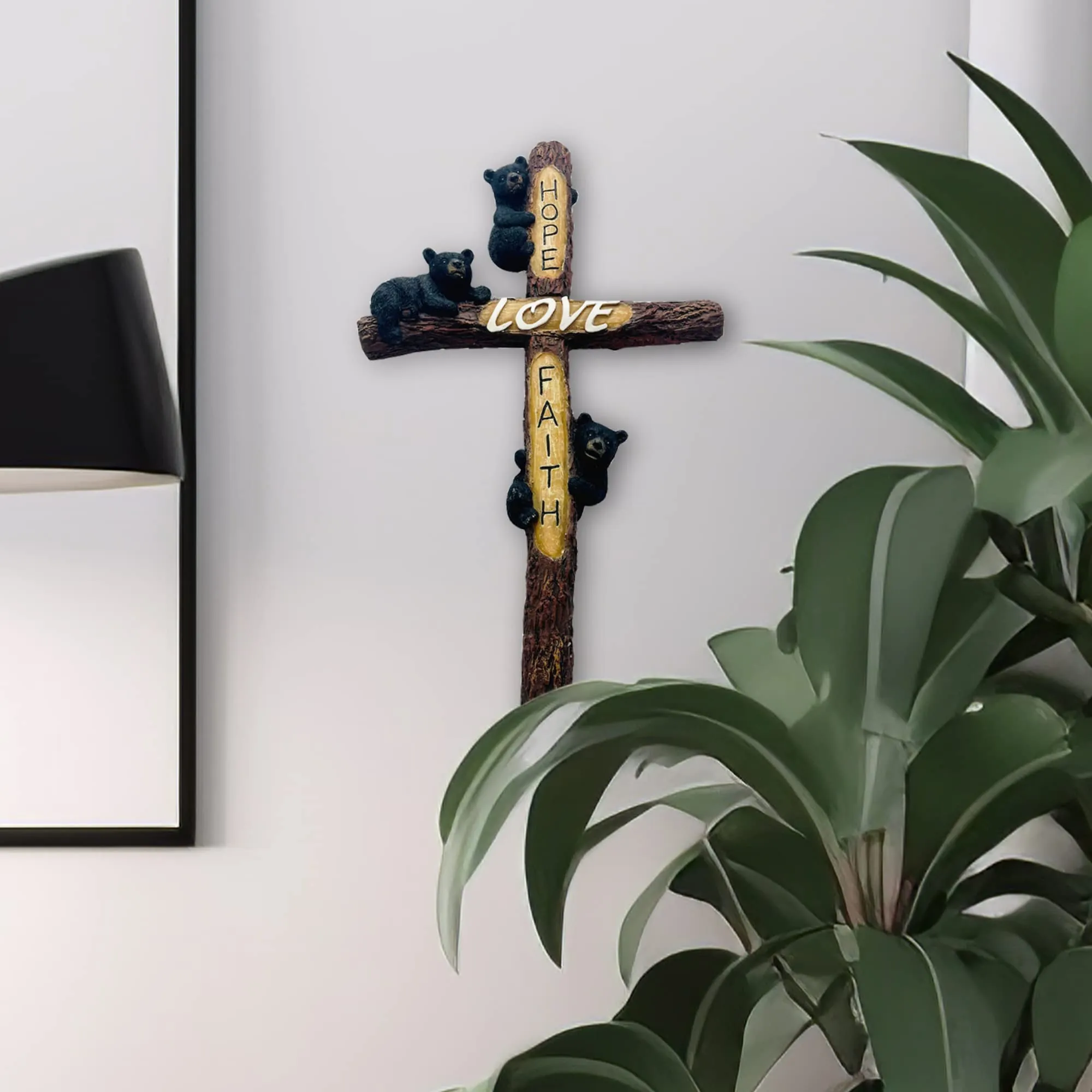 Pine Ridge Black Bear Hope, Faith, Love Wall Cross - 3 Bears On A Wood Inspirational Cross