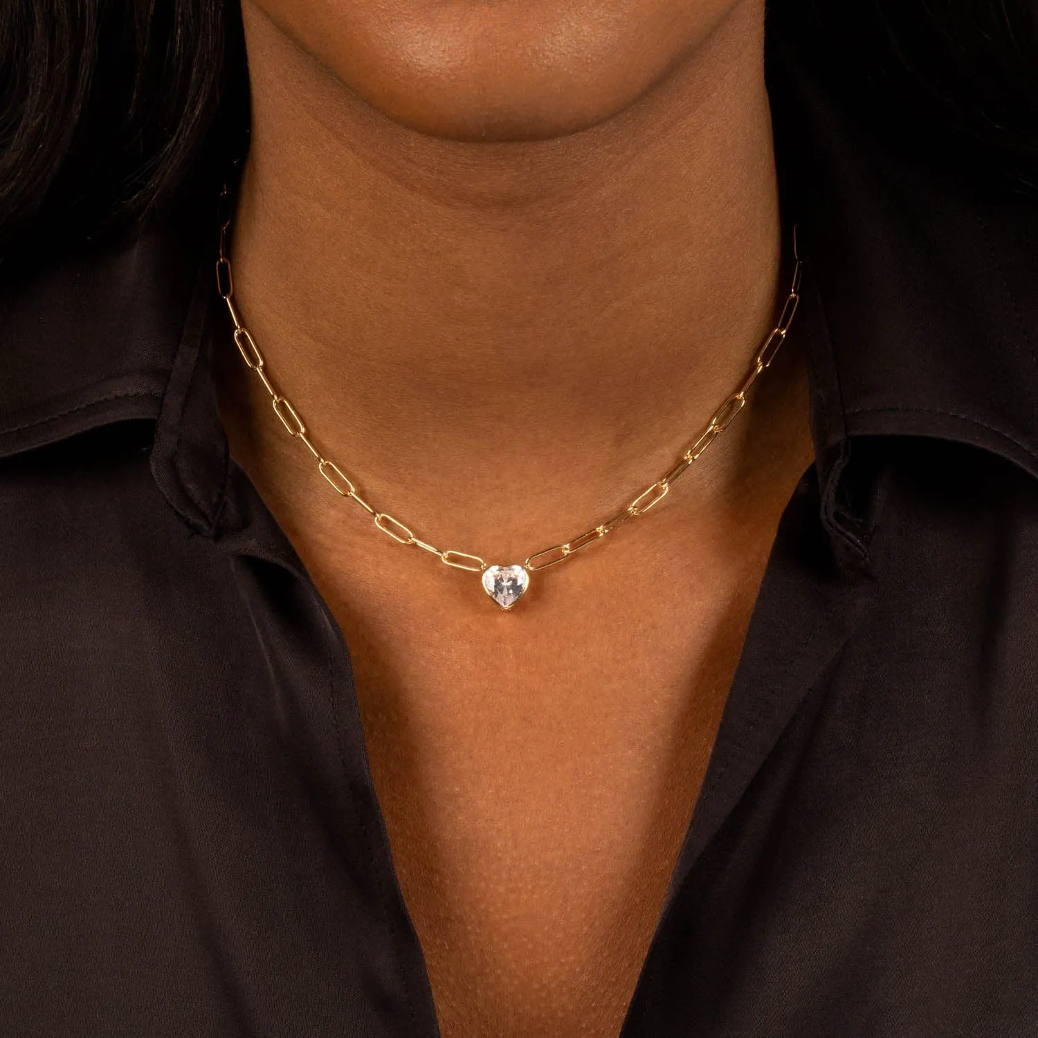 Pink Colored Bezel Heart Link Necklace
