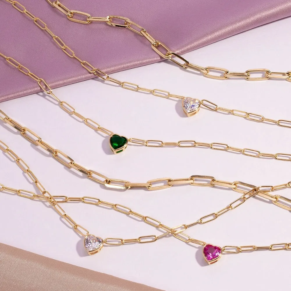 Pink Colored Bezel Heart Link Necklace