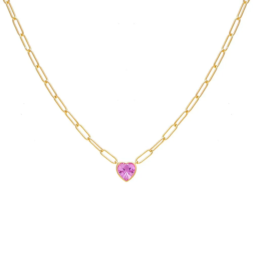 Pink Colored Bezel Heart Link Necklace