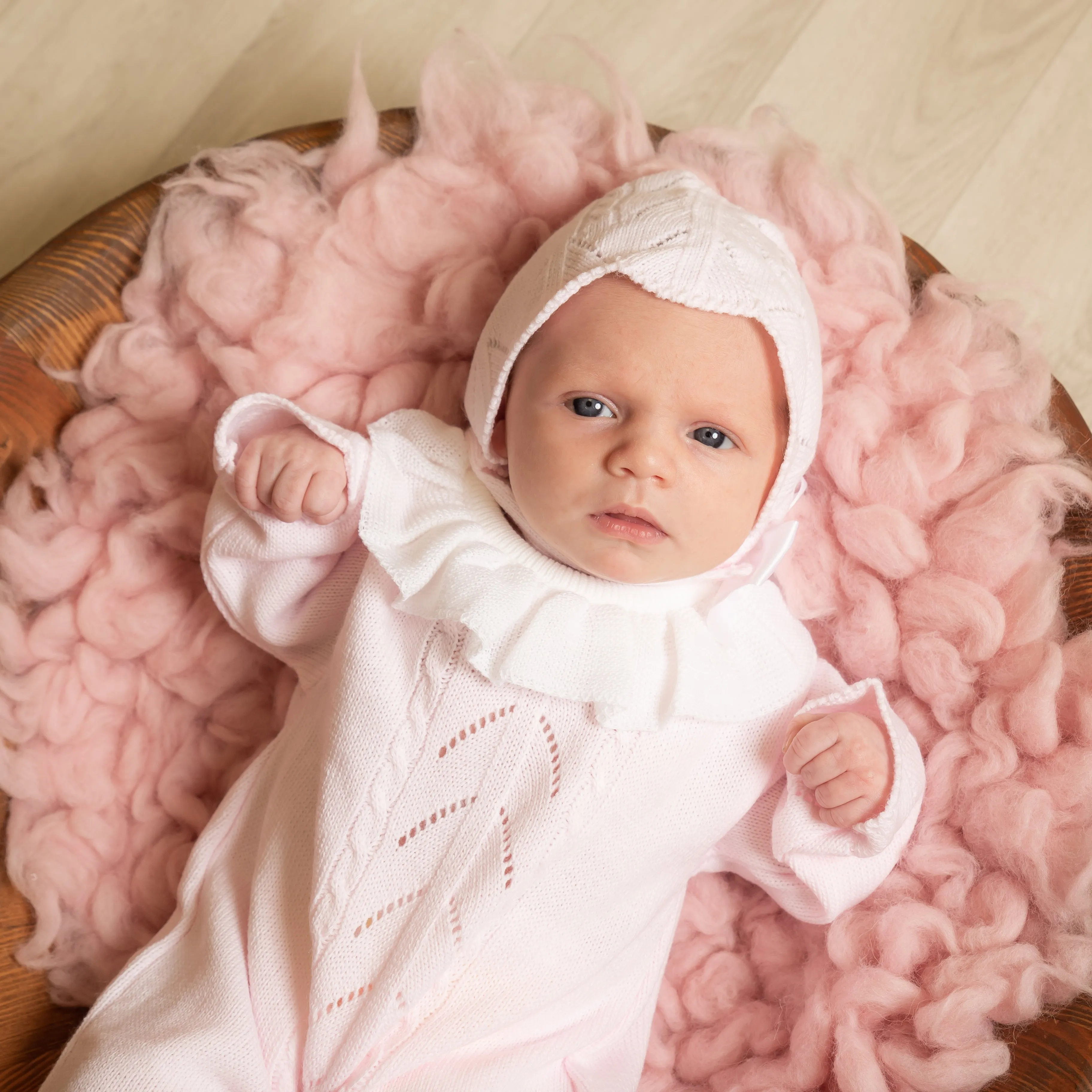 Pink Knitted Frill Collar Onesie & Hat