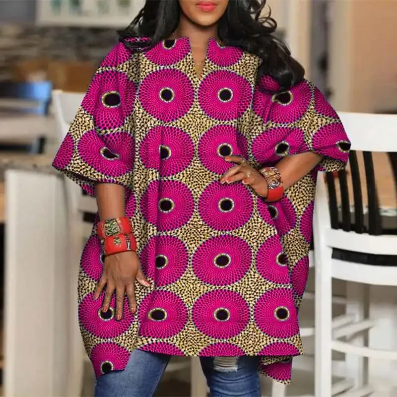Plus Size Bohemian Printed Bat Sleeve Casual Loose Blouse
