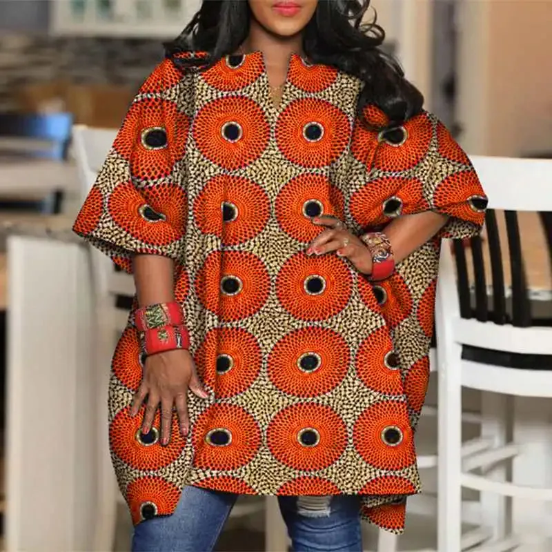 Plus Size Bohemian Printed Bat Sleeve Casual Loose Blouse
