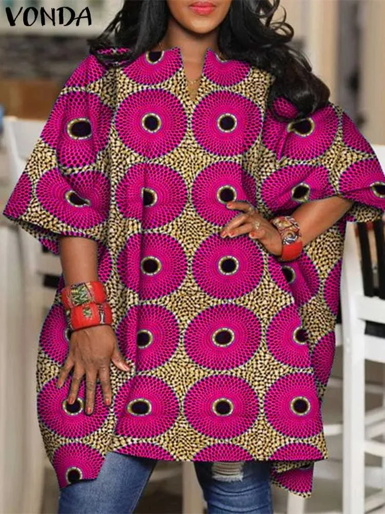 Plus Size Bohemian Printed Bat Sleeve Casual Loose Blouse