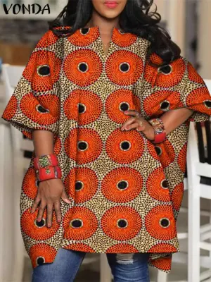 Plus Size Bohemian Printed Bat Sleeve Casual Loose Blouse