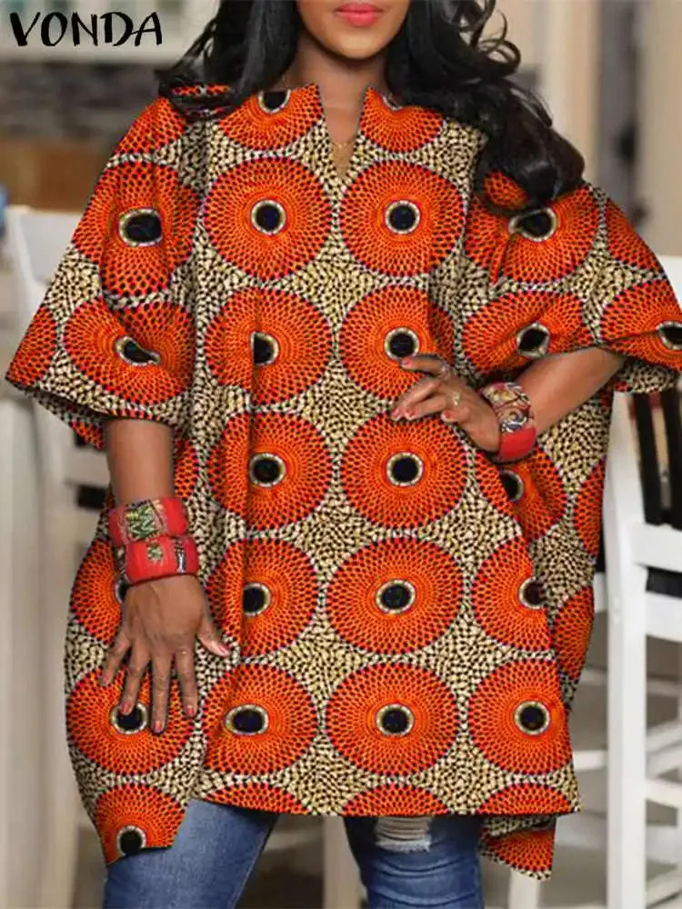 Plus Size Bohemian Printed Bat Sleeve Casual Loose Blouse