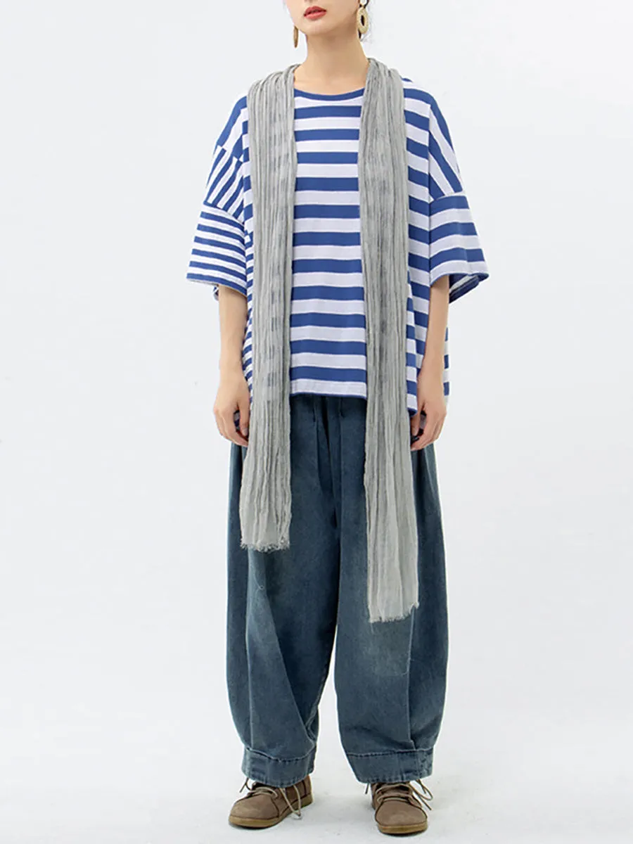 Plus Size - Buykud 100% Cotton Striped Casual T-Shirt