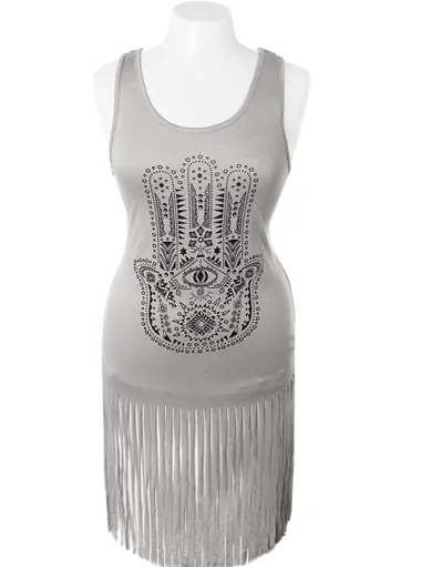 Plus Size Unique Aztec Fringe Grey Dress