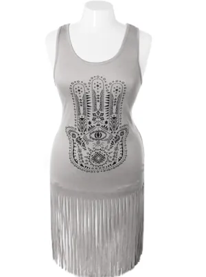Plus Size Unique Aztec Fringe Grey Dress
