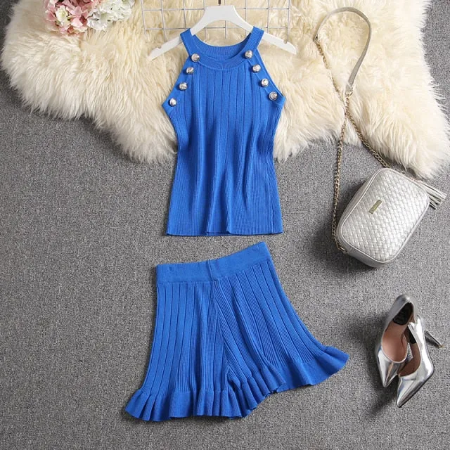 Popular Button Tank Top Shorts Set