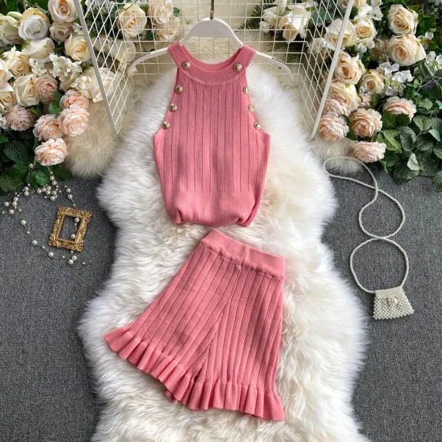 Popular Button Tank Top Shorts Set