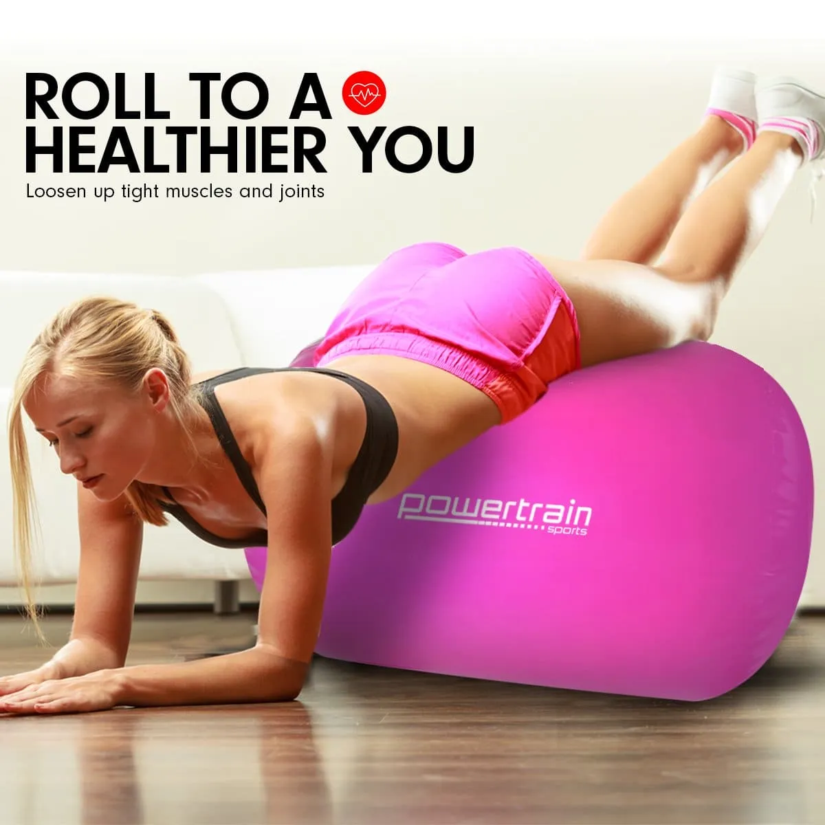 Powertrain Sports Inflatable Gymnastics Air Barrel Exercise Roller 120 x 75cm - Pink - ONLINE ONLY