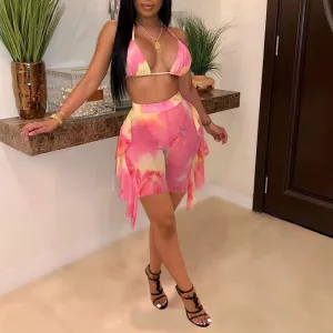 Print Sheer Mesh 2 Pcs Ruffles Bikini Swimsuit Beachwear