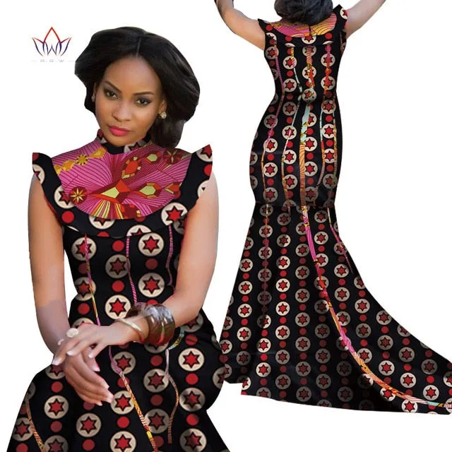 Print Splice Stand Neck Mermaid African Dashiki  Dress