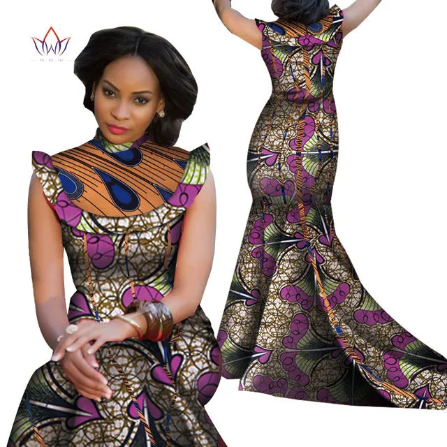 Print Splice Stand Neck Mermaid African Dashiki  Dress