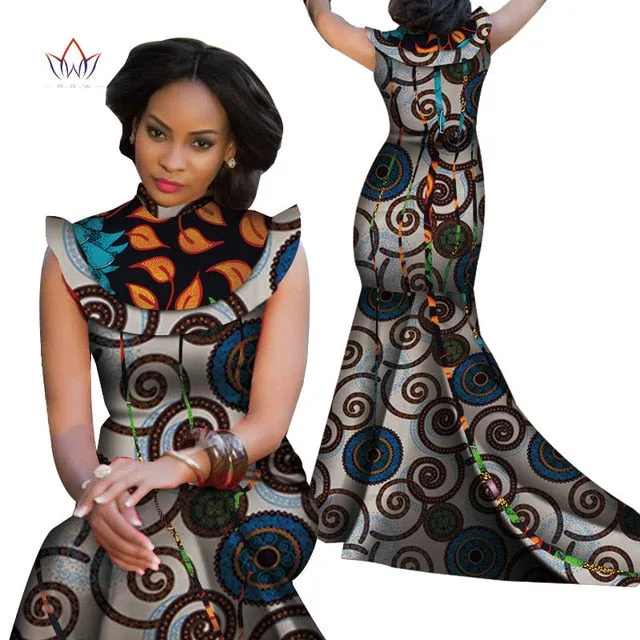 Print Splice Stand Neck Mermaid African Dashiki  Dress