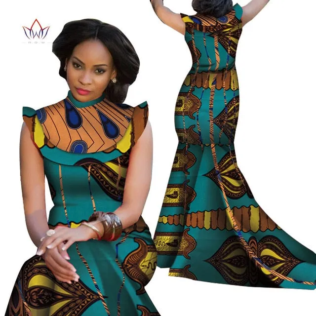 Print Splice Stand Neck Mermaid African Dashiki  Dress