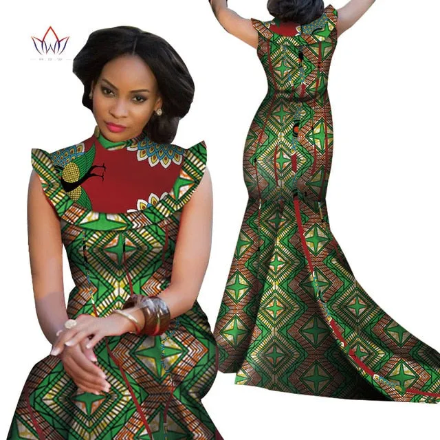 Print Splice Stand Neck Mermaid African Dashiki  Dress