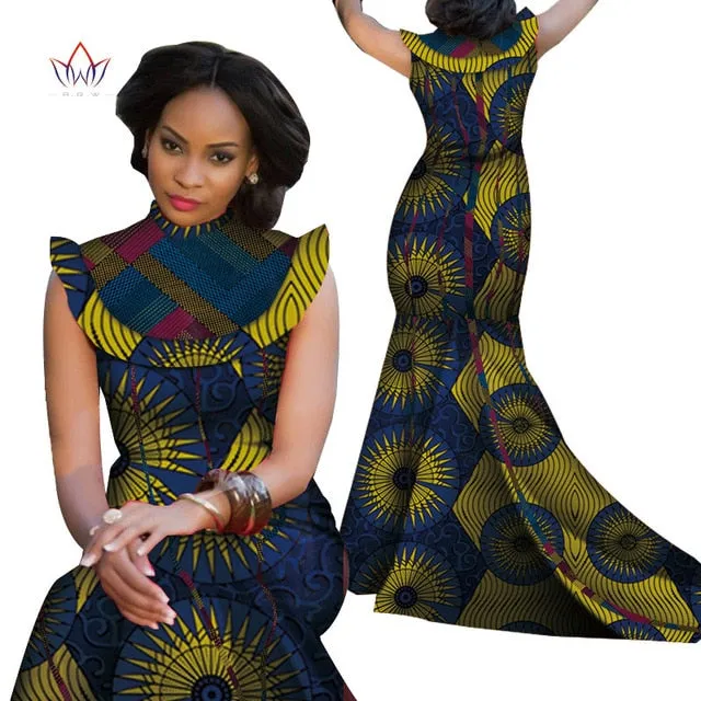 Print Splice Stand Neck Mermaid African Dashiki  Dress