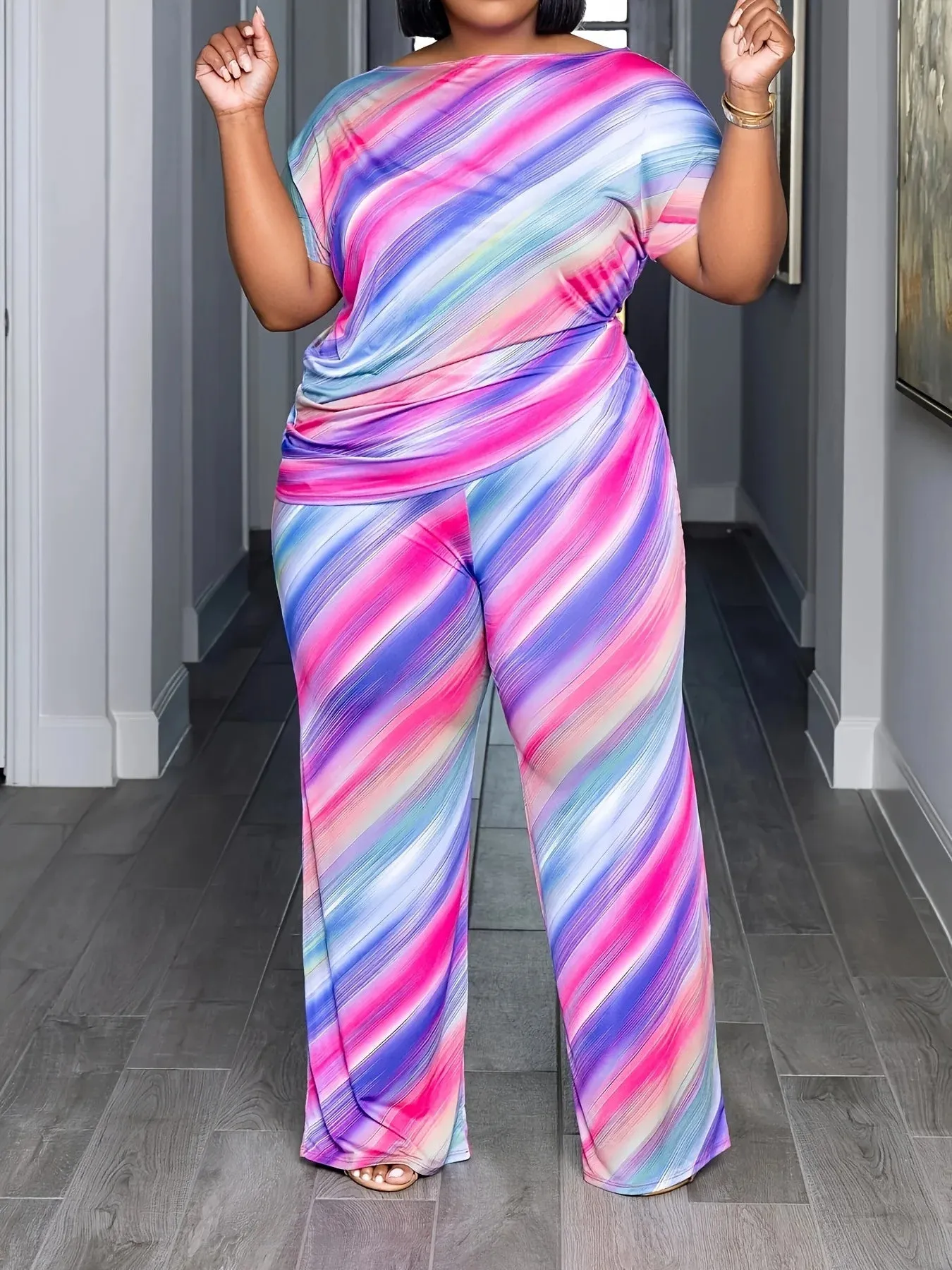 Printed Pullover Short Sleeve Top & Pants Set