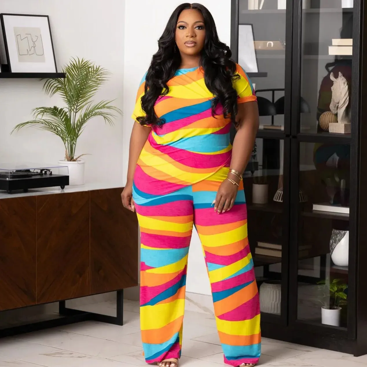 Printed Pullover Short Sleeve Top & Pants Set