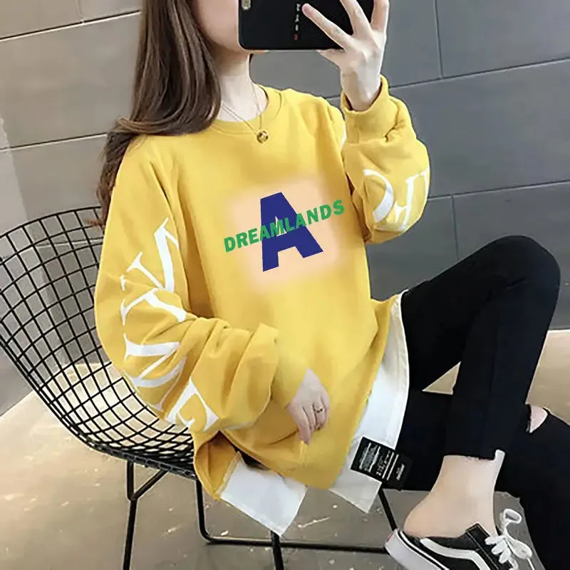 Printed Spliced Fake Two Pieces Sweatshirts 2024 Autumn Winter Loose