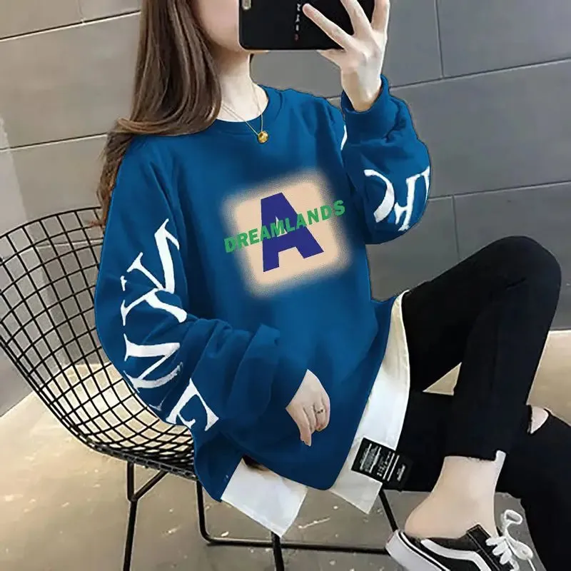 Printed Spliced Fake Two Pieces Sweatshirts 2024 Autumn Winter Loose