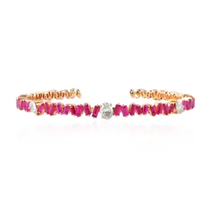 Prong Set Diamond Baguette Ruby 18k Rose Gold Cuff Bracelet