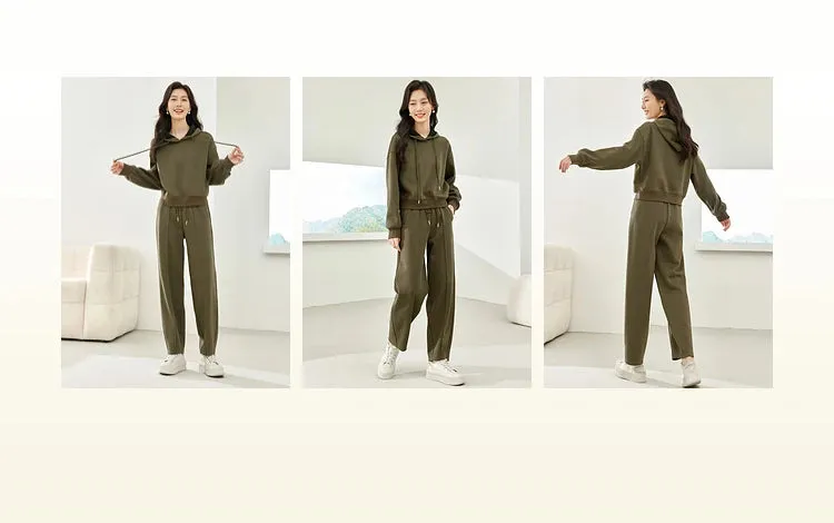 Pullover Hooded Sweatshirt & Elastic Waist Pant Sets Winter Casual Wear