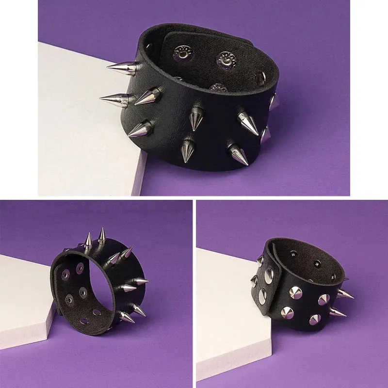 Punk Bracelet for Men Women - Goth Black Leather Wristband with Metal Spike Studded- Spike Rivets Cuff Bangle Adjustable