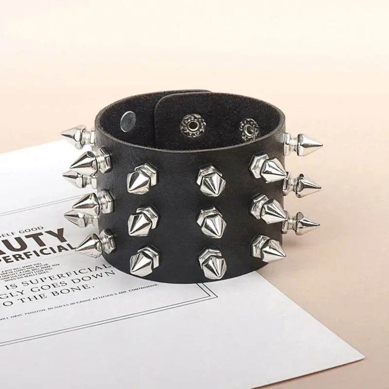 Punk Bracelet for Men Women - Goth Black Leather Wristband with Metal Spike Studded- Spike Rivets Cuff Bangle Adjustable