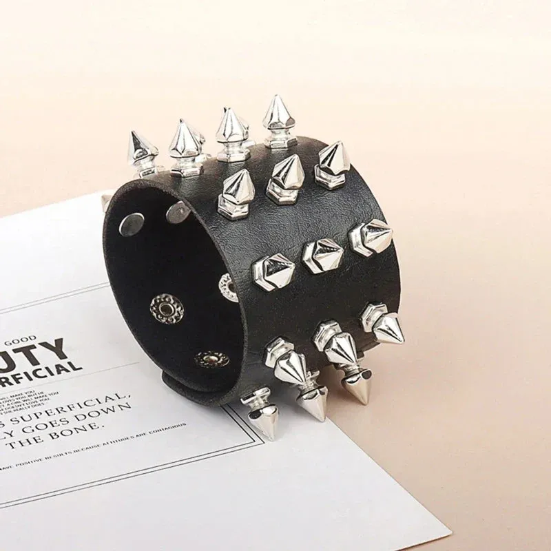 Punk Bracelet for Men Women - Goth Black Leather Wristband with Metal Spike Studded- Spike Rivets Cuff Bangle Adjustable
