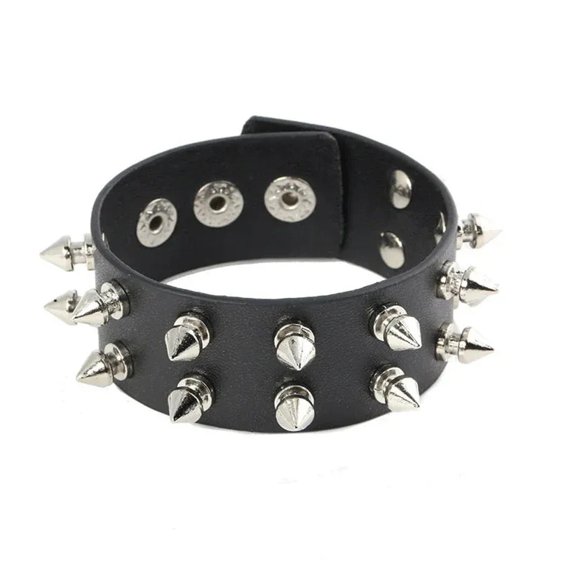 Punk Bracelet for Men Women - Goth Black Leather Wristband with Metal Spike Studded- Spike Rivets Cuff Bangle Adjustable