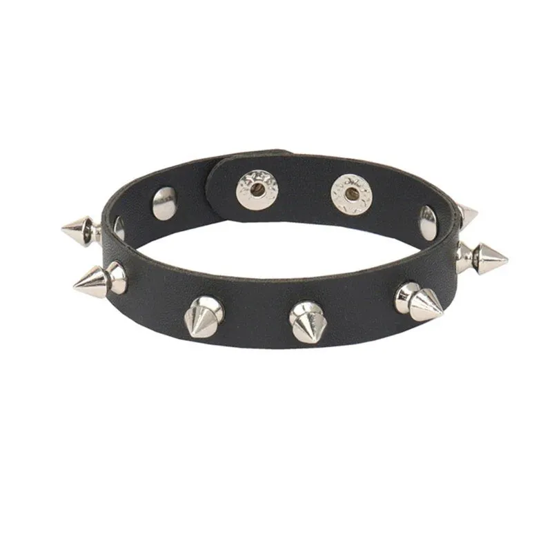 Punk Bracelet for Men Women - Goth Black Leather Wristband with Metal Spike Studded- Spike Rivets Cuff Bangle Adjustable