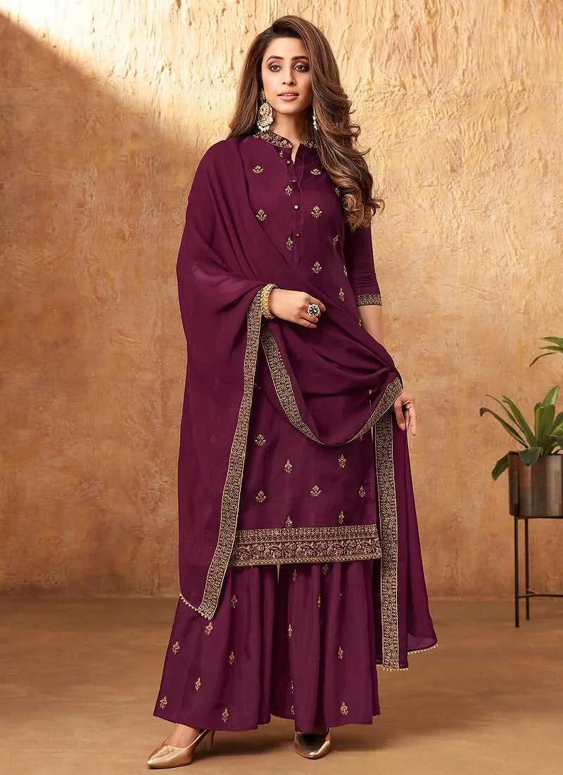 Purple Embroidered Silk Palazzo Style Suit