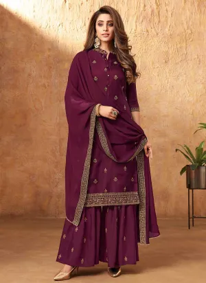 Purple Embroidered Silk Palazzo Style Suit