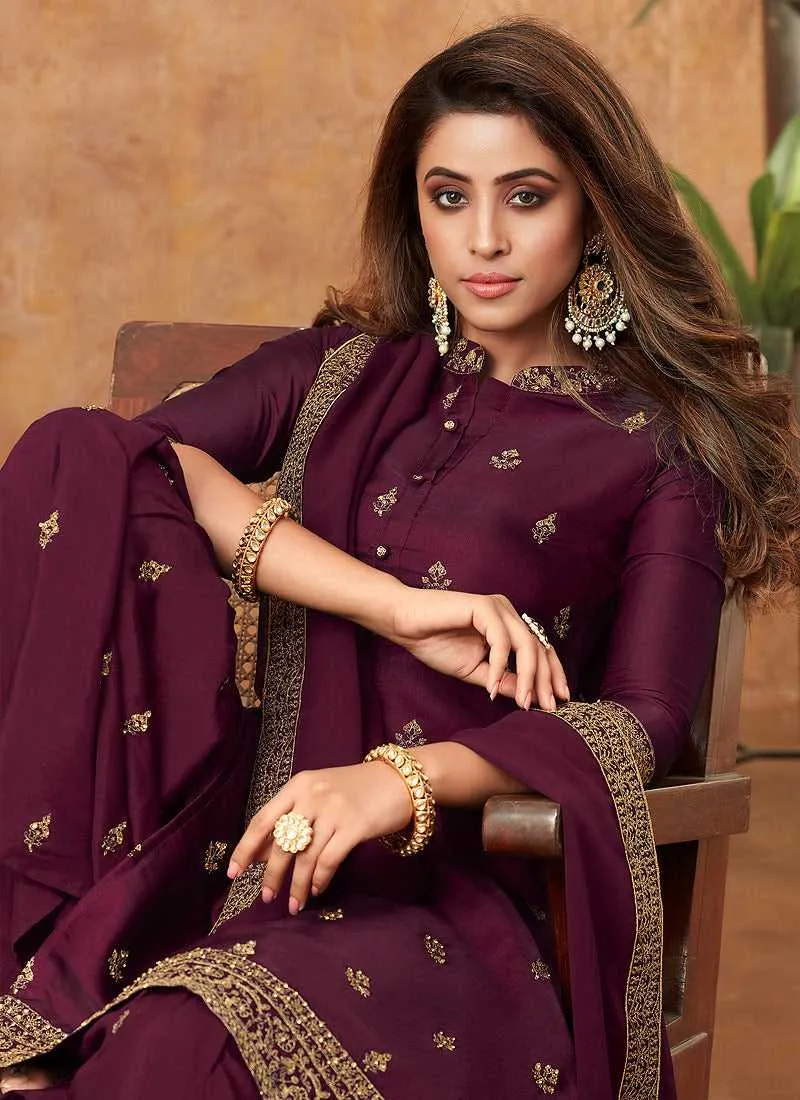 Purple Embroidered Silk Palazzo Style Suit