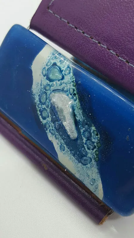 Purple Leather and blue Glass Cuff Bracelet!! Silver color bubble