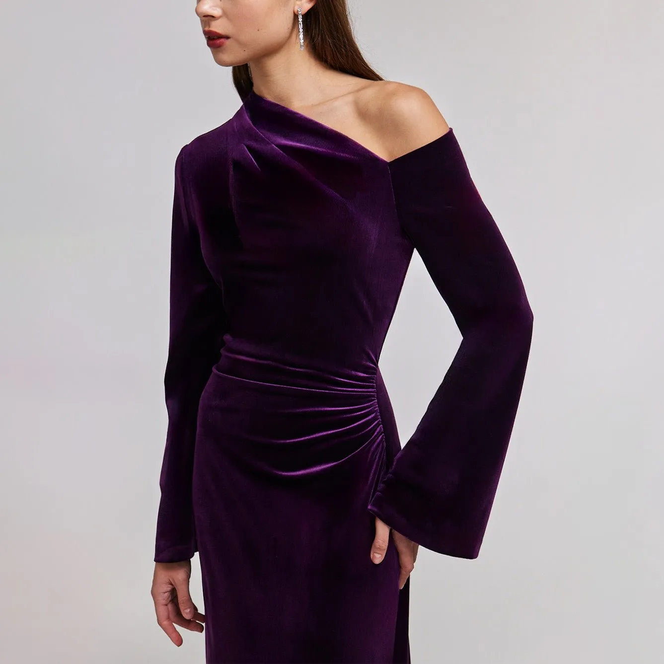 Purple Velvet Bare Shoulder Maxi Dress