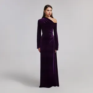 Purple Velvet Bare Shoulder Maxi Dress