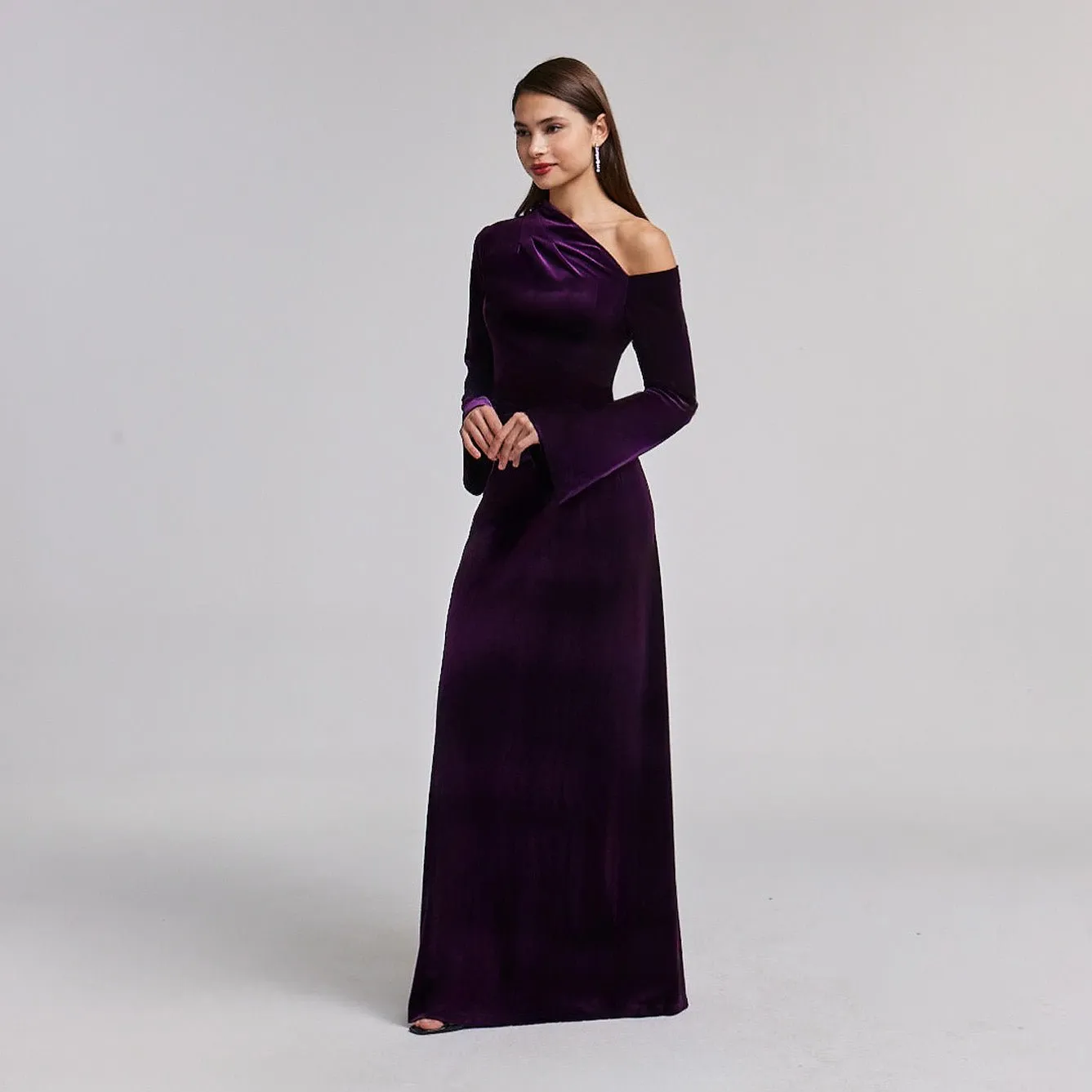 Purple Velvet Bare Shoulder Maxi Dress